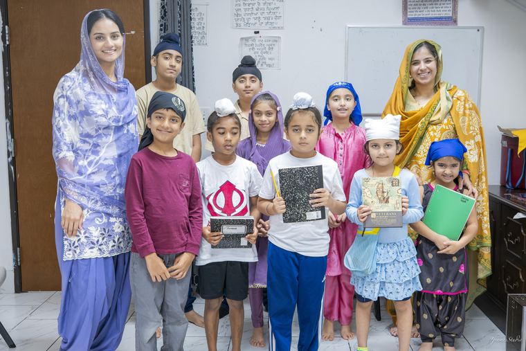 Children and their teachers at the weekly kids’ class at Gurdwara Akaljot